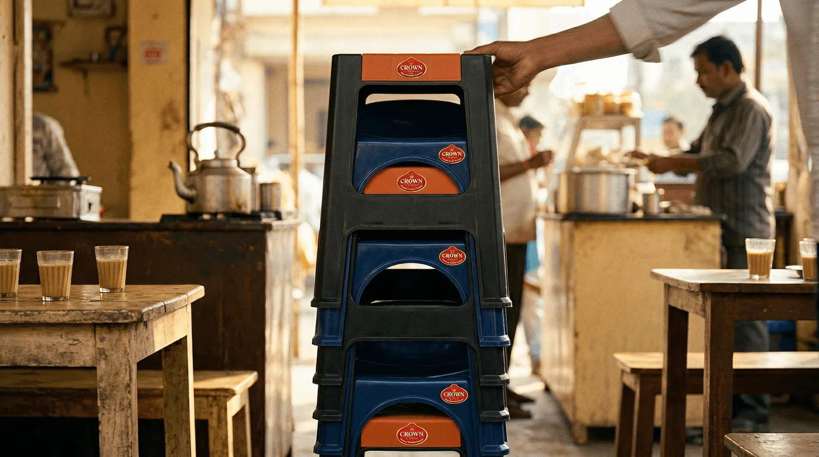 Crown Lego stools stacked in Indian chai shop
